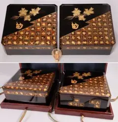 【MB481】時代 饅頭箱一対 吉祥めでた 松宝尽 金蒔絵 梨地 饅羹重 菓子器 MB481】時代 饅頭箱一対 吉祥めでた 松宝尽 金蒔絵 梨地 饅羹重 菓子器
