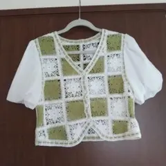 レース編み 半袖トップス ホワイト・グリーン トップス