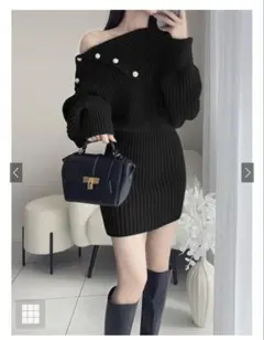 パールボタンオフショルニットワンピース