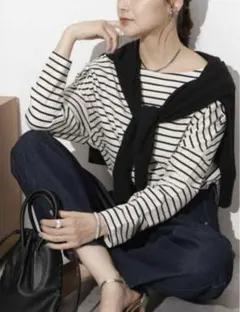 WEB限定 ボーダーワイドドロップトップス