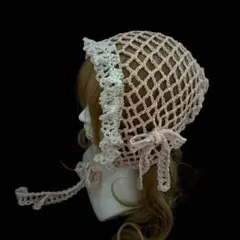 ハンドメイド　ピンクフリルボンネット　ヘッドドレス　バブーシュカ
