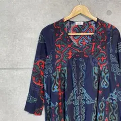 ロング　ワンピース　長袖　民族　リネン 混　エキゾチック　総柄　エスニック 柄