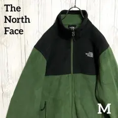 ノースフェイス　ジップアップフリース　メンズM　黒緑　ロゴ刺繍　ジャケット　古着
