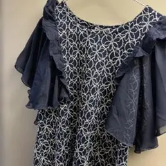 axes刺繍入りネイビーフリル袖トップス
