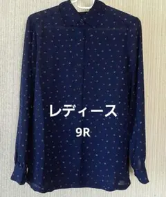レディース　シャツブラウス　9R(M寸)　ネイビー　プリント柄　薄手　長袖
