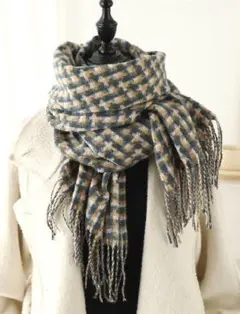 24H以内発送★カシミヤ混チェック柄リバーシブルカシミヤ大判マフラー♪332BL