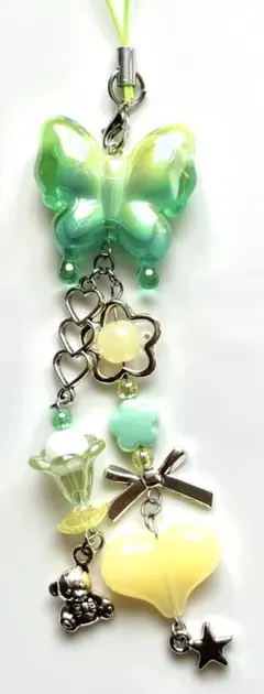 ハンドメイド　ストラップ　ビーズ　コレクトブック　y2k 韓国　緑　黄色