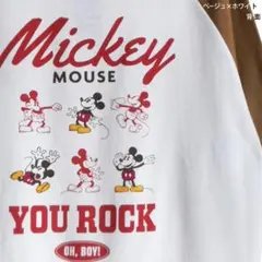 ミッキーマウス ラグランTシャツ ベージュ L 刺繍 バックプリント 6ポーズ
