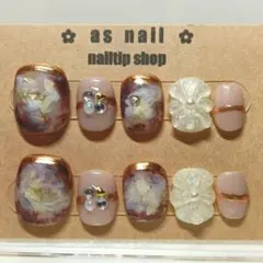 No.26 淡色 ニュアンス フラワー ブラウン ピンクベージュ リングネイル