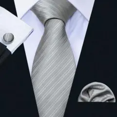 激安新品 ネクタイ チーフ カフス 3点 セット シルバー ストライプ