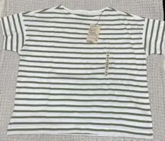 無印良品　ボートネック半袖Tシャツ　M スモーキーグリーンボーダー　レディース