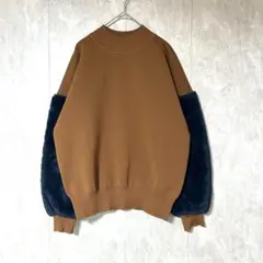 【ムルーア】袖切替フェイクファー長袖ニット F ブラウン ネイビー モックネック