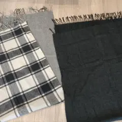 チェック柄ウールストール　 無地グレー、2枚組　大判