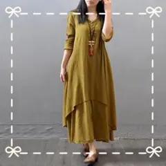 ★ラスト1点★ワンピース　体型カバー リネン調 ロング　エスニック　韓国　4XL