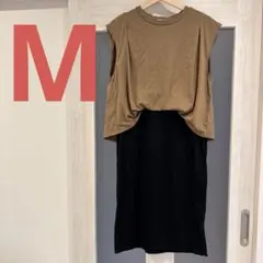 レディース　カットソー　ワンピース　膝丈　ブラウン　ブラック　黒　ドッキング