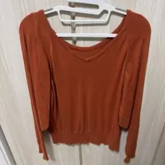 オレンジ Vネック 長袖ニット M