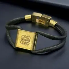 オールド　ロエベ　ブレスレット　アナグラムロゴ　ゴールド　レザー　ブラック