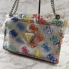 ほぼ未使用品 GUESS ゲス 総柄クリアビニール チェーンショルダーバッグ