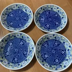 和柄 小皿 豆皿 青絵 花柄 陶器 和食器 取り皿　レトロ　4枚セット