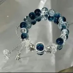 青と透明ガラスの星形チャームブレスレット　No.2