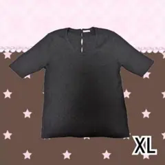 XLサイズ】黒 半袖 リブ編み トップス 韓国 シンプル きれいめ 無地