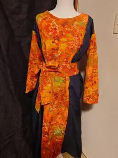 暈し染大島紬と男性亀甲大島紬リメイクワンピース8124