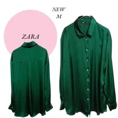【ザラ】ZARA♡新品未使用♡サテン風長袖シャツ♡トレンド【М】光沢グリーン系