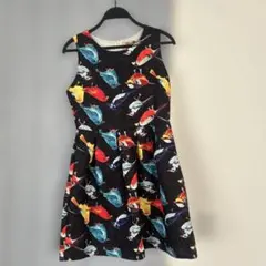 カラフル鳥プリント ノースリーブミニワンピース