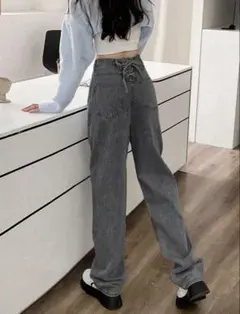SHEIN バックリボン ハイウエスト ジーンズ グレー デニムパンツ y2k