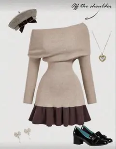 SHEIN レディース カーキ オフショルダー ニットドレス