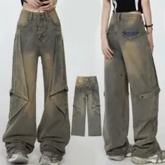 【TURA】ハイウエストクロススタイルデニムパンツ グレー