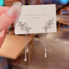 2WAY フラワー ピアス チェーン クリスタル 揺れる 韓国 上品