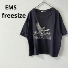 【イームス】プリントTシャツ フリーサイズ 紺 綿100% 短め丈 春夏秋