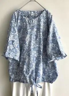 Tunic／鴨居羊子 リネン100% ボタニカル柄ブラウス ブルー 花柄水色 