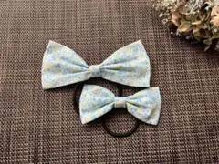 リボン ヘアゴム 　お揃い　おしゃれ　ヘアアクセ　花柄　水色　発表会