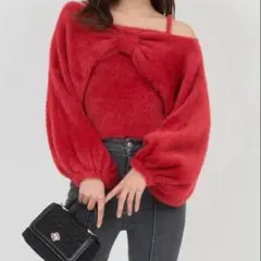 ROYALPARTY リボンボレロシャギーニットアンサンブル レッド