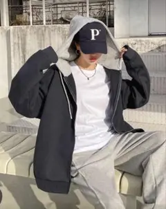 紐付きパーカー、長袖トップススウェットシャツジャケット ジップアップ ネイビー