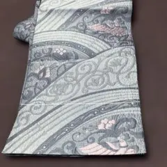 名古屋帯　松葉仕立て 八寸名古屋帯　鳥　花唐草　灰色　正絹