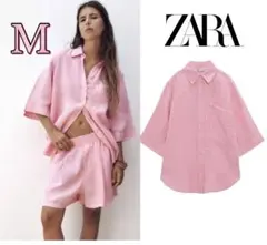 新品 ZARA 定価6,590円 リネン100% シャツ M ピンク ラスト1点