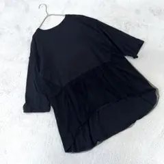 （M）七分袖胸元切替カットソー ブラック チュール