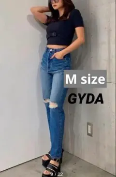 ハイウエストGYDAスリークニーダメージデザインデニムパンツ