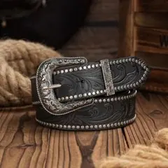 スタッズ ウエスタンベルト 黒アメカジY2K アンティーク 男女兼用ヴィンテージ