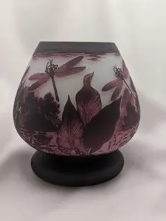 アールヌーボー 被せガラス 花瓶 蜻蛉 睡蓮 紫 カメオガラス 高20cm 骨董