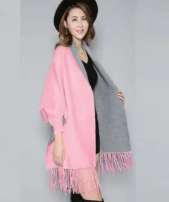 フリンジ付きニットポンチョ ピンクグレーバイカラーストール風フリンジカーディガン