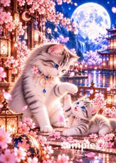 桜月夜の親子猫 月明かりのじゃれ合い 子猫 猫 幻想アート A4