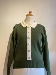 VINTAGE KNIT／ニット襟付き希少飾ボタン花バイカラーグリーンアイボリー