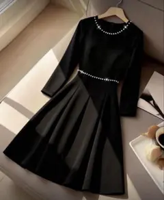 シーイン　黒のパール装飾長袖ワンピース　プラスサイズ2XL