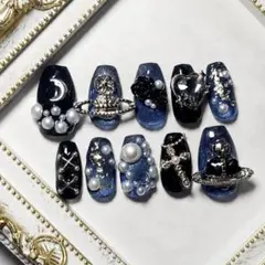 現品 ネイルチップ 宇宙 月 星 ゴシック 韓国　ブルー マグネット 量産型