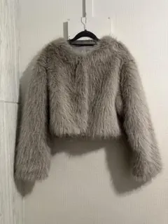 グレー ショートファーコート ボリュームノーカラーファージャケットSサイズ