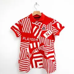 ルコックスポルティフ 半袖ポロシャツ レディースM レッド 総柄 ロゴ ゴルフ